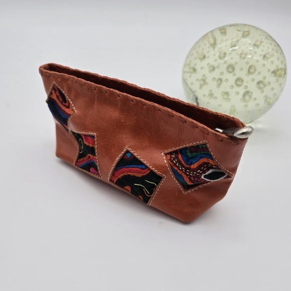 Vintage Bag Makeup Cosmetic Travel Case Pen Coin Wallet Orange Patchwork Boho - Picture 1 of 12